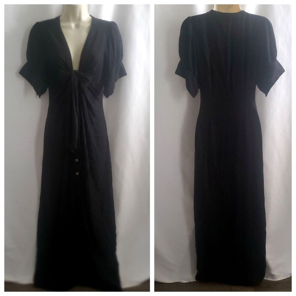 NEW Free People Women's Maxi Dress XS Black Plunge Neck Tie Front Linen Blend - Picture 5 of 10
